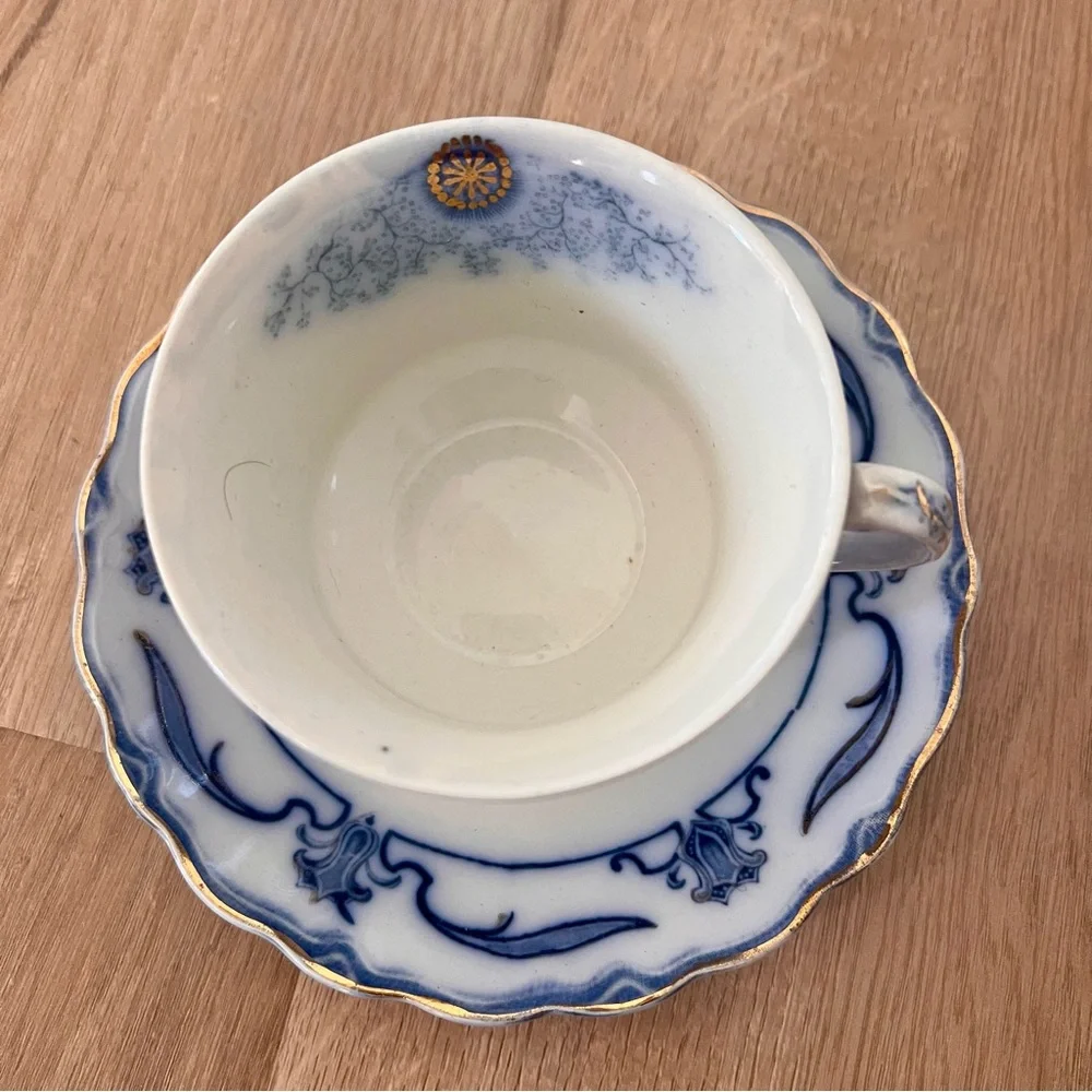 WOOD & SON CLARENCE- FLOW BLUE (c.1891-1907) CUP & SAUCER- Elgar Pattern Antique